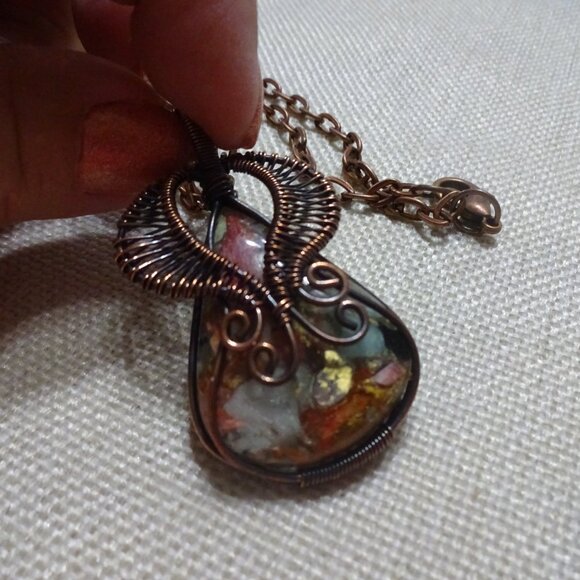 Rustic OYSTER TURQUOISE Handmade COPPER WIRE-WRAPPED PENDANT/Chain #361C - Picture 2 of 3